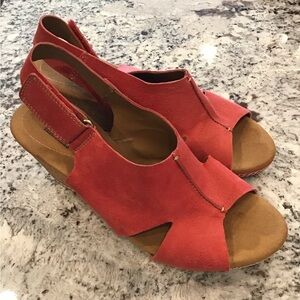 Clarks, red suede wedge cork shoes size 8.5